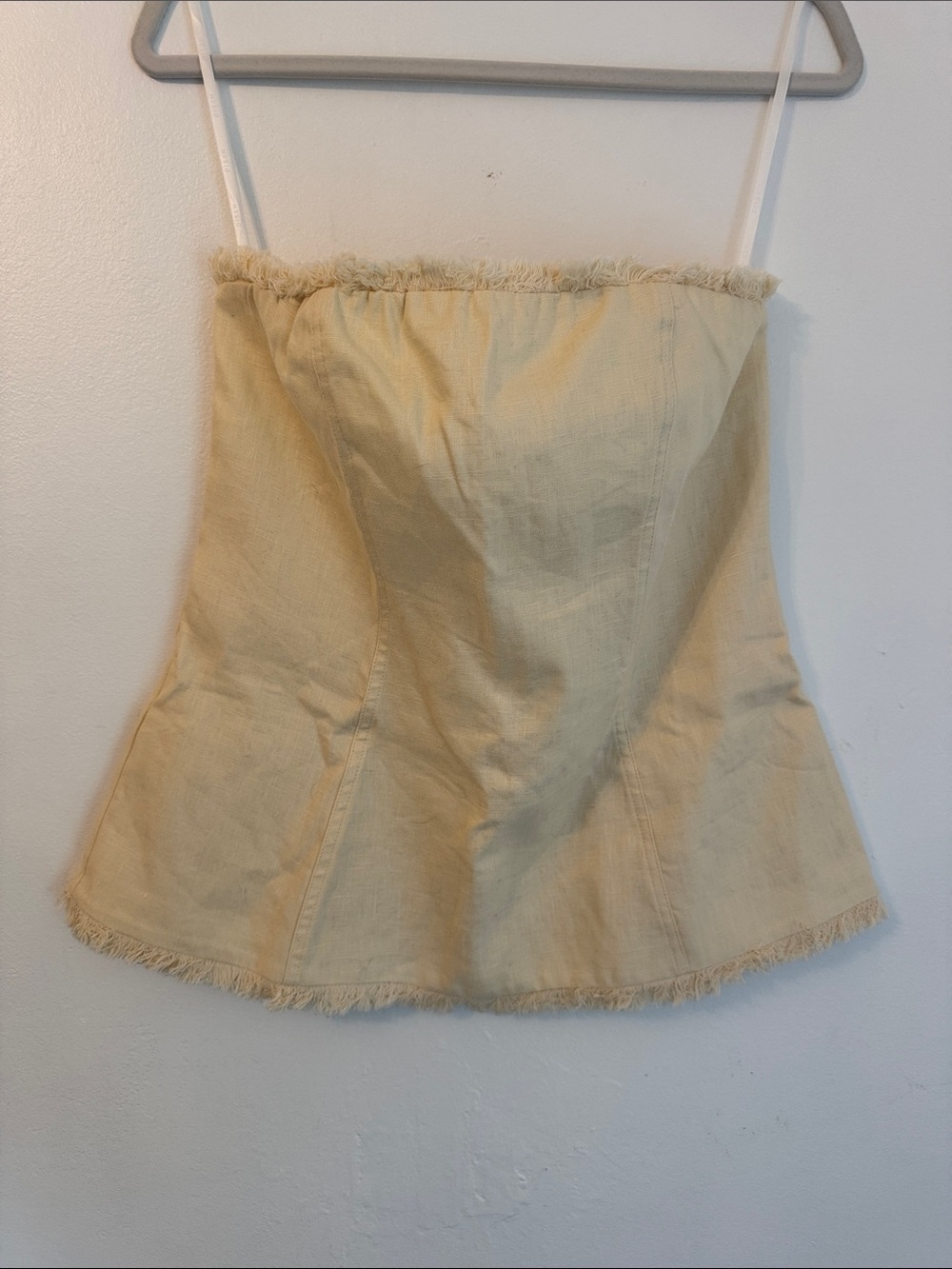 DISSH Butter Yellow Strapless Fringe Hem Linen-Blend Top